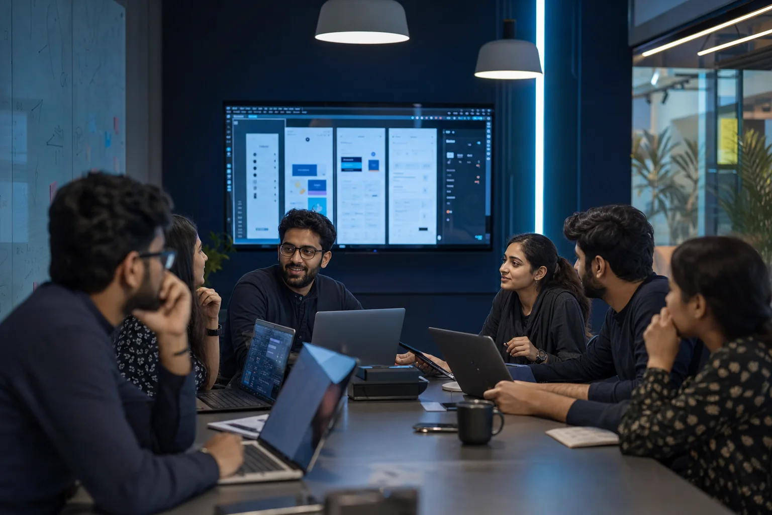 Product team collaborating around a studio table