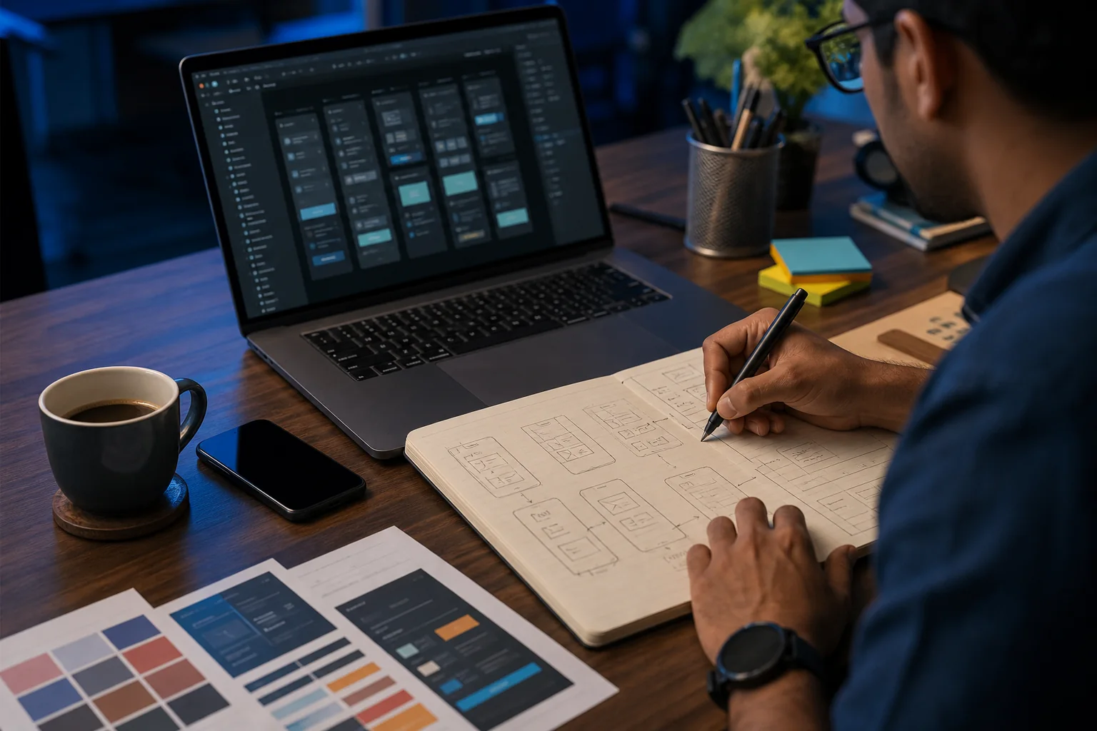 Designer sketching a mobile product flow